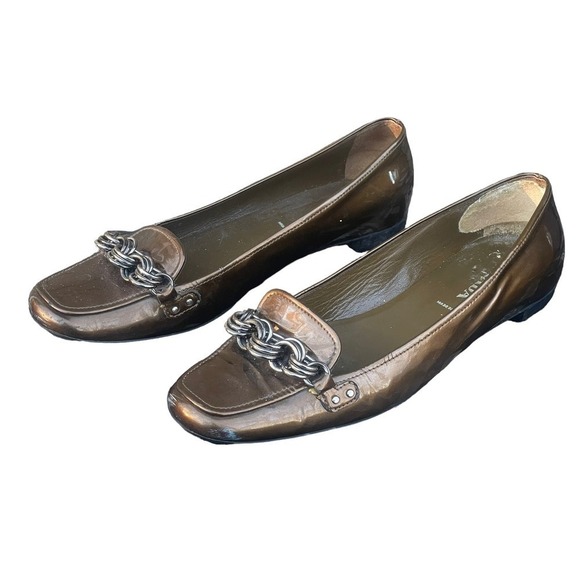 Prada Bronze Flat Patent Leather Loafers with Chain Link Embellishment - Picture 1 of 15
